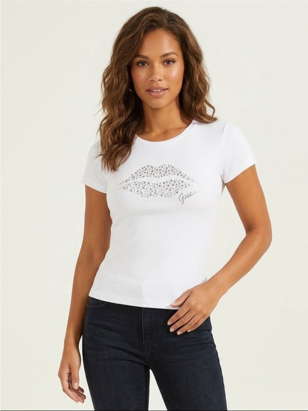 NWT Guess Women Crop T Shirt Top Rhinestone Shine Lip White M,L